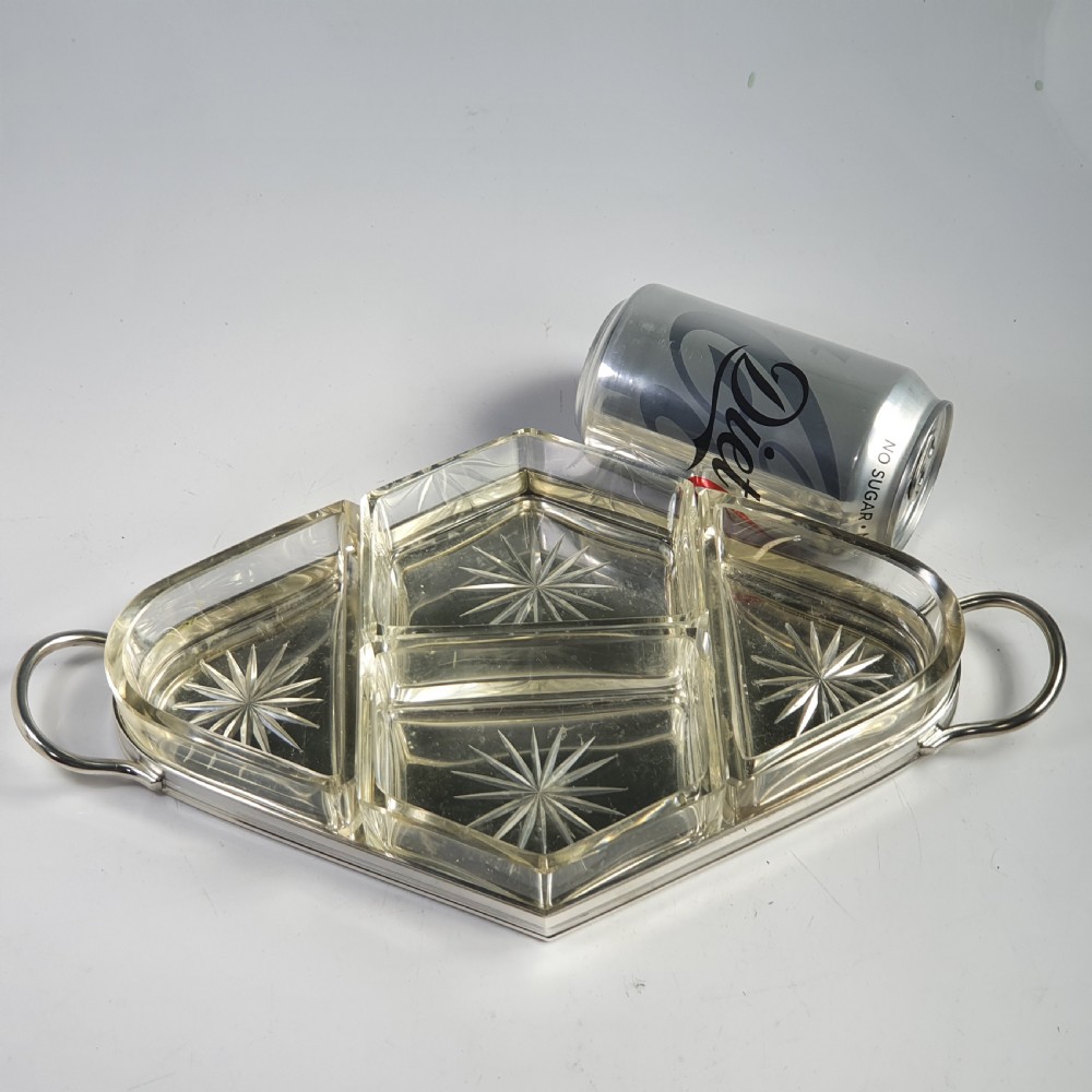 Beautiful Quality Silver Plate & Cut Glass Segmented Handled Serving Dish View VII