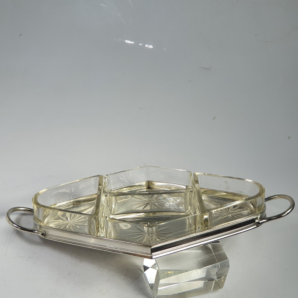 Beautiful Quality Silver Plate & Cut Glass Segmented Handled Serving Dish View IX
