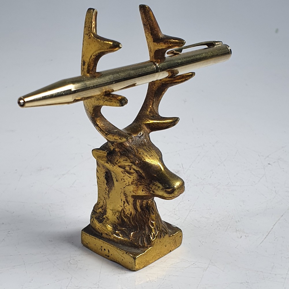 Antique Brass Stags Head Desk Top Pen Holder c1920 View IV