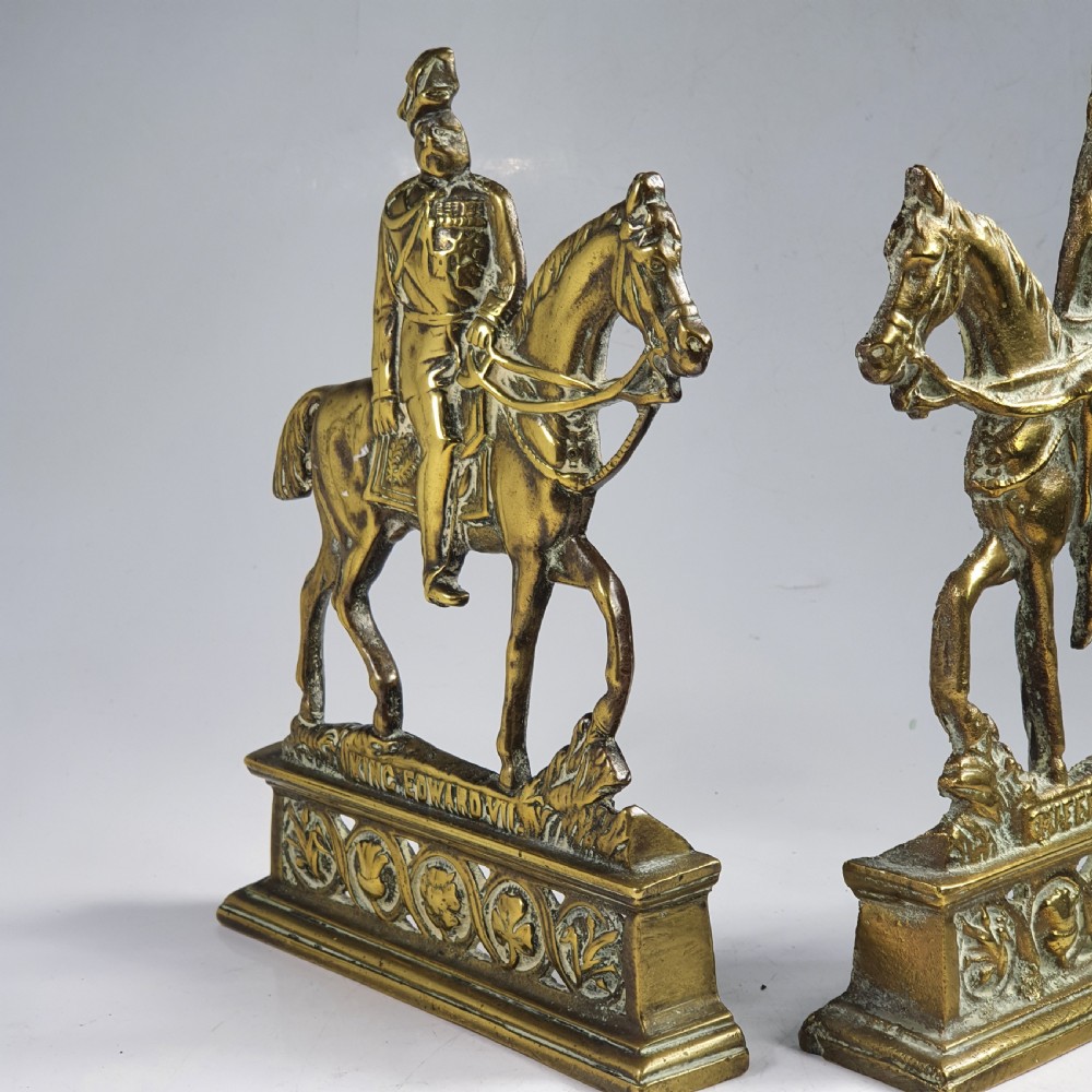 Rare Pair of Antique English Royal Edwardian Brass Chimney Ornaments ~ “King Edward VII & Queen Alexandra” View II