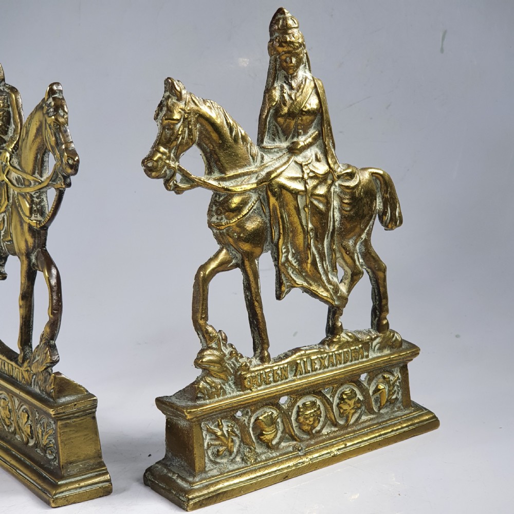 Rare Pair of Antique English Royal Edwardian Brass Chimney Ornaments ~ “King Edward VII & Queen Alexandra” View III
