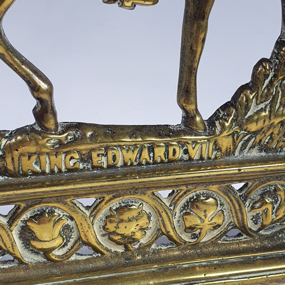 Rare Pair of Antique English Royal Edwardian Brass Chimney Ornaments ~ “King Edward VII & Queen Alexandra” View XIV