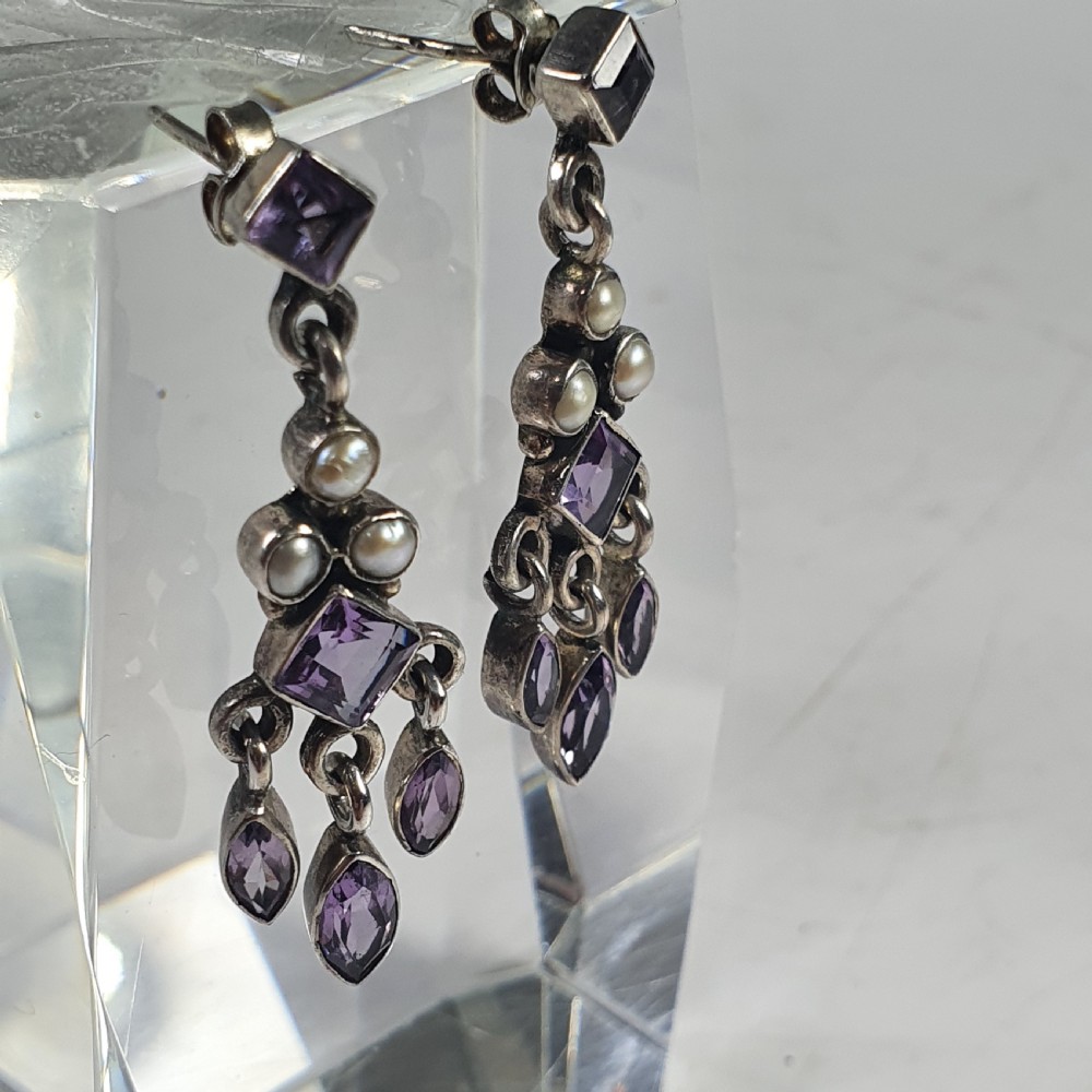 Antique Nouveau Pair of Amethyst & Seed Pearl Earrings c1910