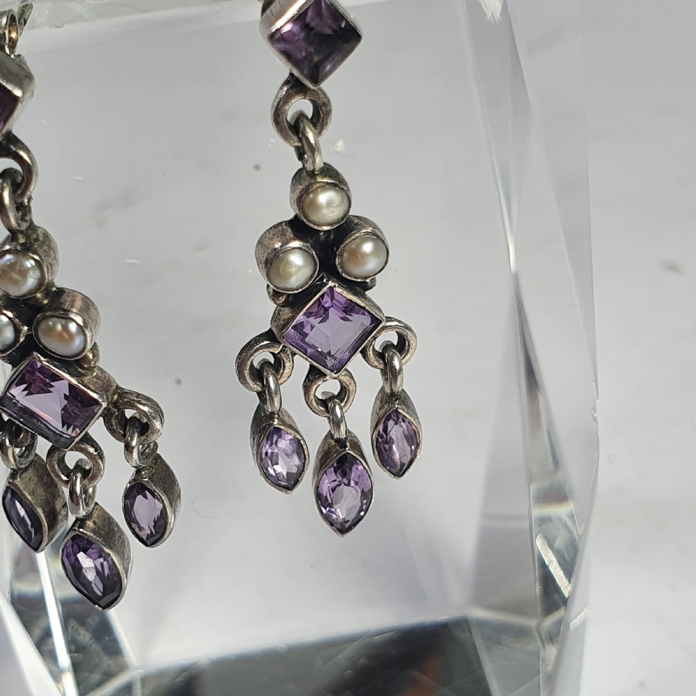 Antique Nouveau Pair of Amethyst & Seed Pearl Earrings c1910 View II