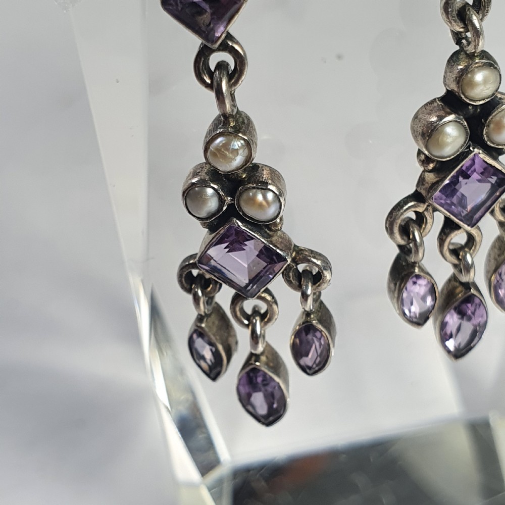 Antique Nouveau Pair of Amethyst & Seed Pearl Earrings c1910 View III