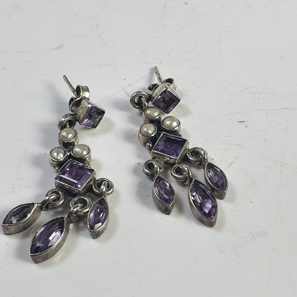 Antique Nouveau Pair of Amethyst & Seed Pearl Earrings c1910 View VII