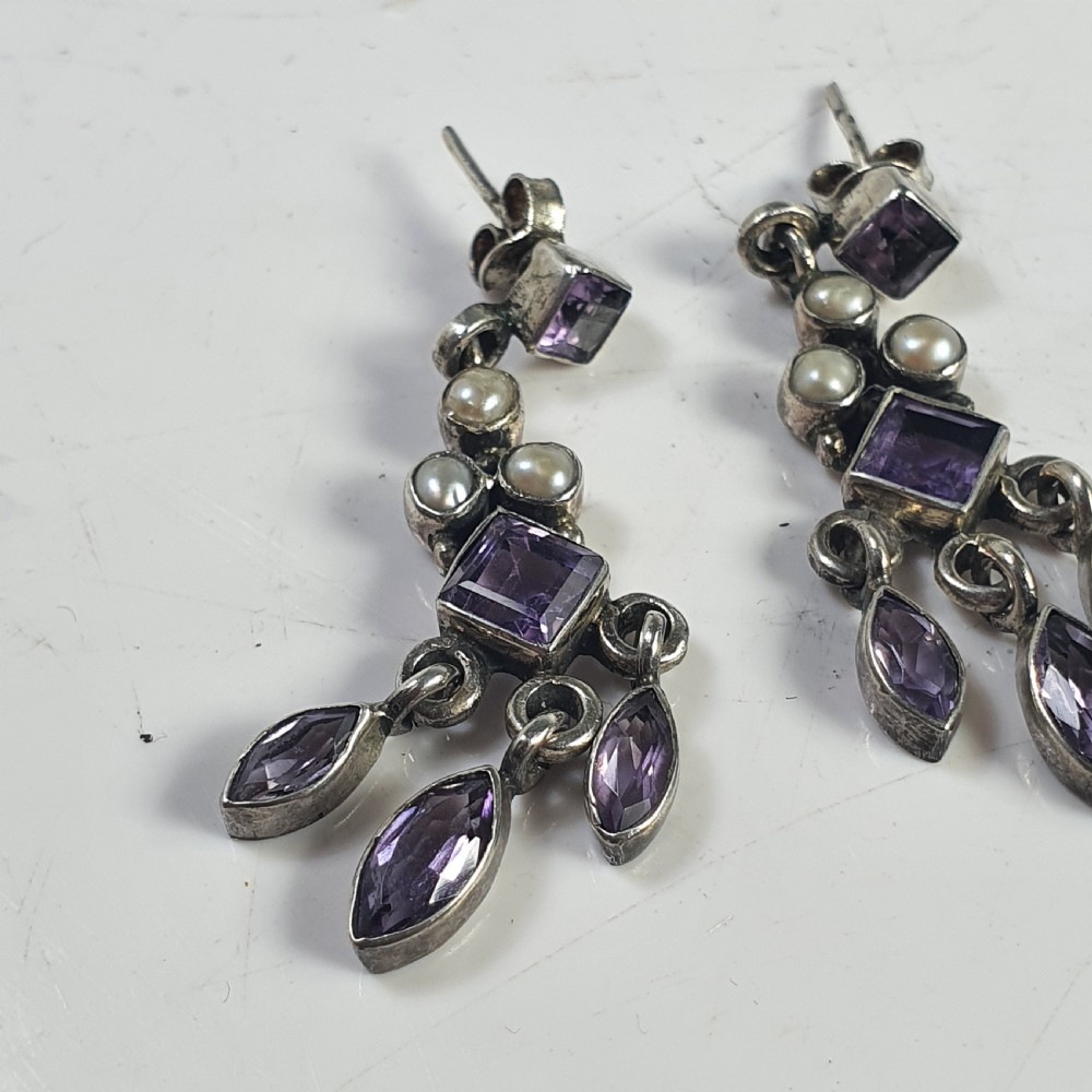 Antique Nouveau Pair of Amethyst & Seed Pearl Earrings c1910 View VIII