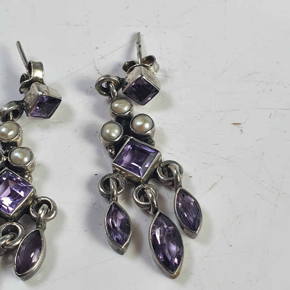 Antique Nouveau Pair of Amethyst & Seed Pearl Earrings c1910 View IX