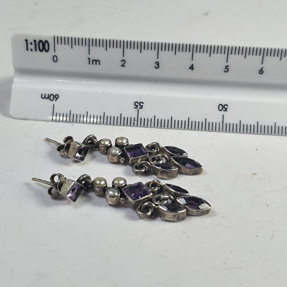 Antique Nouveau Pair of Amethyst & Seed Pearl Earrings c1910 View X
