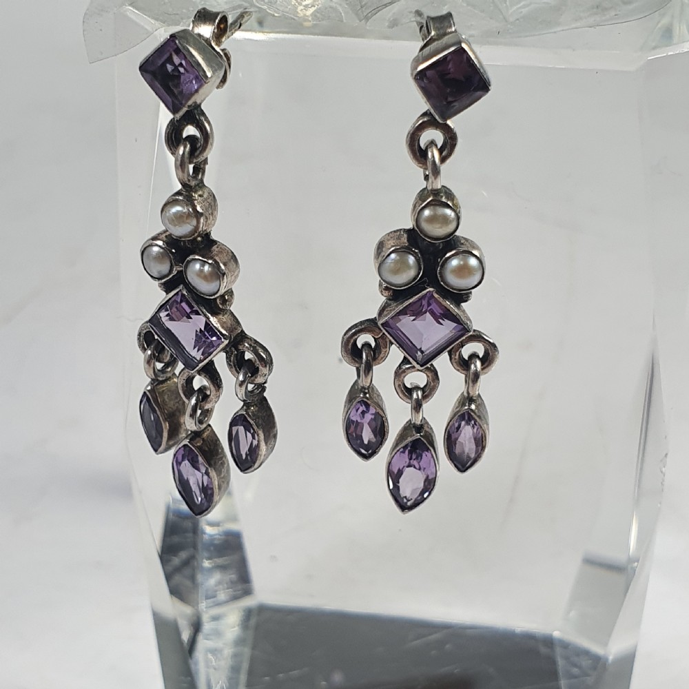 Antique Nouveau Pair of Amethyst & Seed Pearl Earrings c1910 View XI