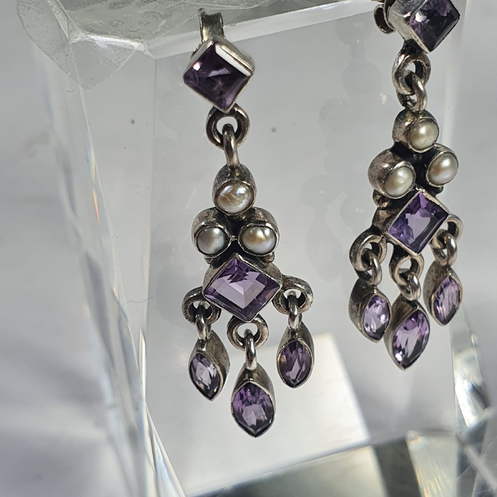 Antique Nouveau Pair of Amethyst & Seed Pearl Earrings c1910 View XII