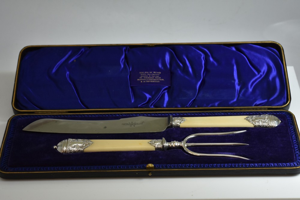 Large Victorian Ivory Handled & Silver Mounted Carving Set c1899