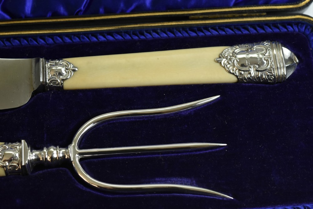 Large Victorian Ivory Handled & Silver Mounted Carving Set c1899 View II