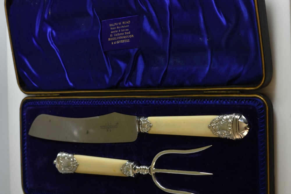Large Victorian Ivory Handled & Silver Mounted Carving Set c1899 View III