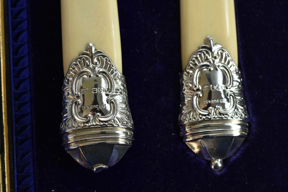Large Victorian Ivory Handled & Silver Mounted Carving Set c1899 View V