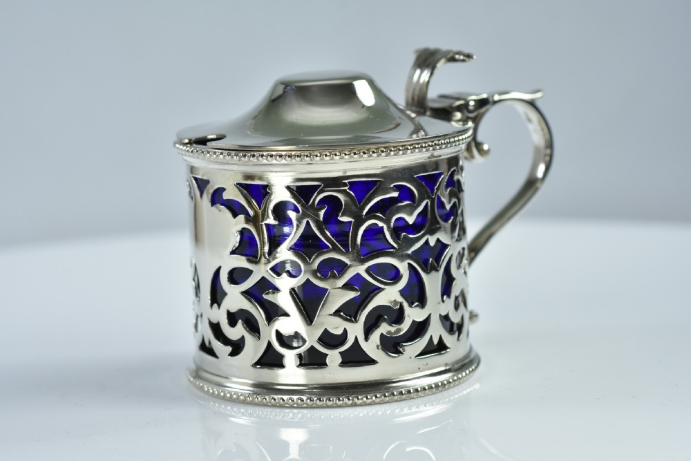 Large 19thc Silver Plated Mustard & Blue Glass Liner - Immaculate