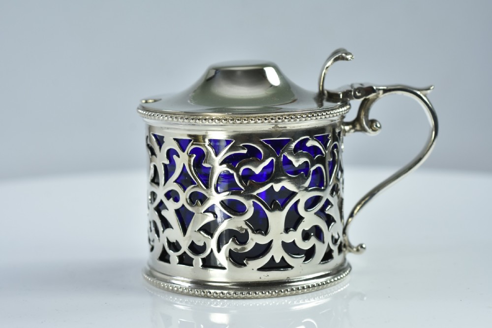 Large 19thc Silver Plated Mustard & Blue Glass Liner - Immaculate View II