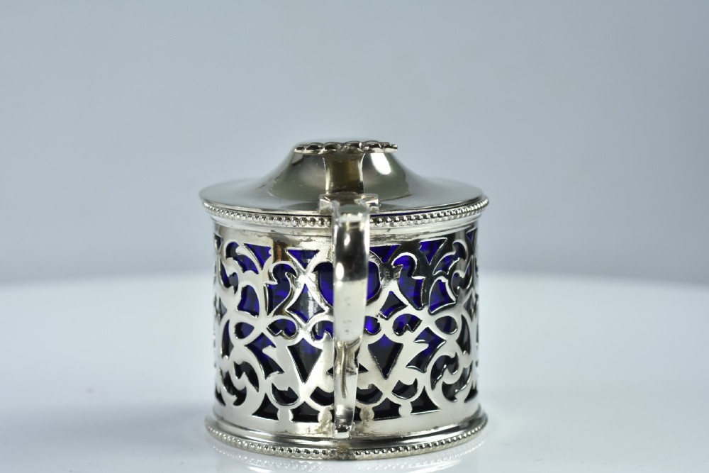 Large 19thc Silver Plated Mustard & Blue Glass Liner - Immaculate View III