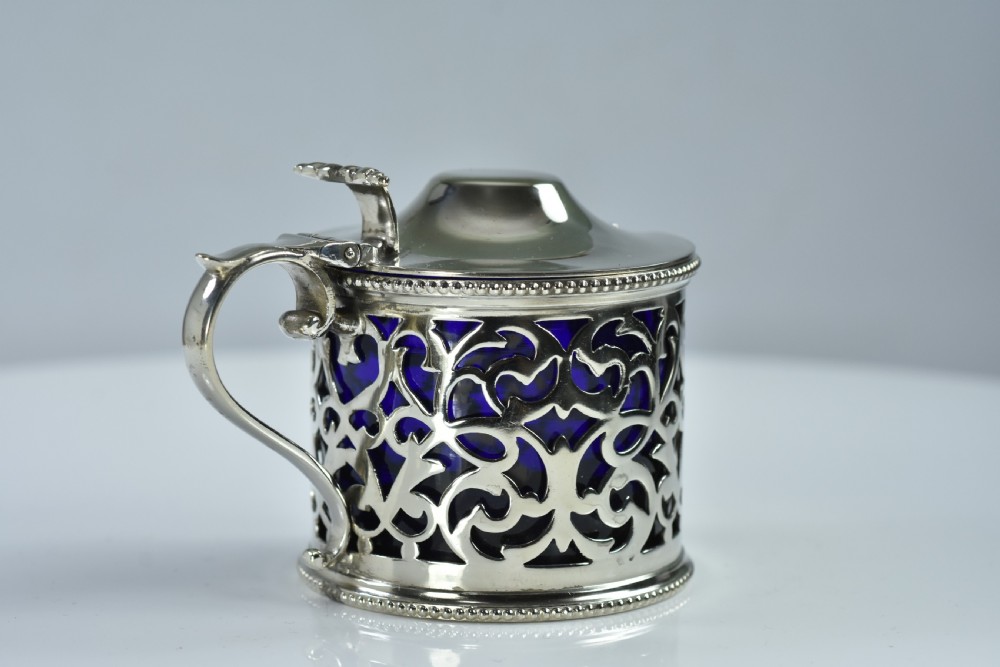 Large 19thc Silver Plated Mustard & Blue Glass Liner - Immaculate View IV