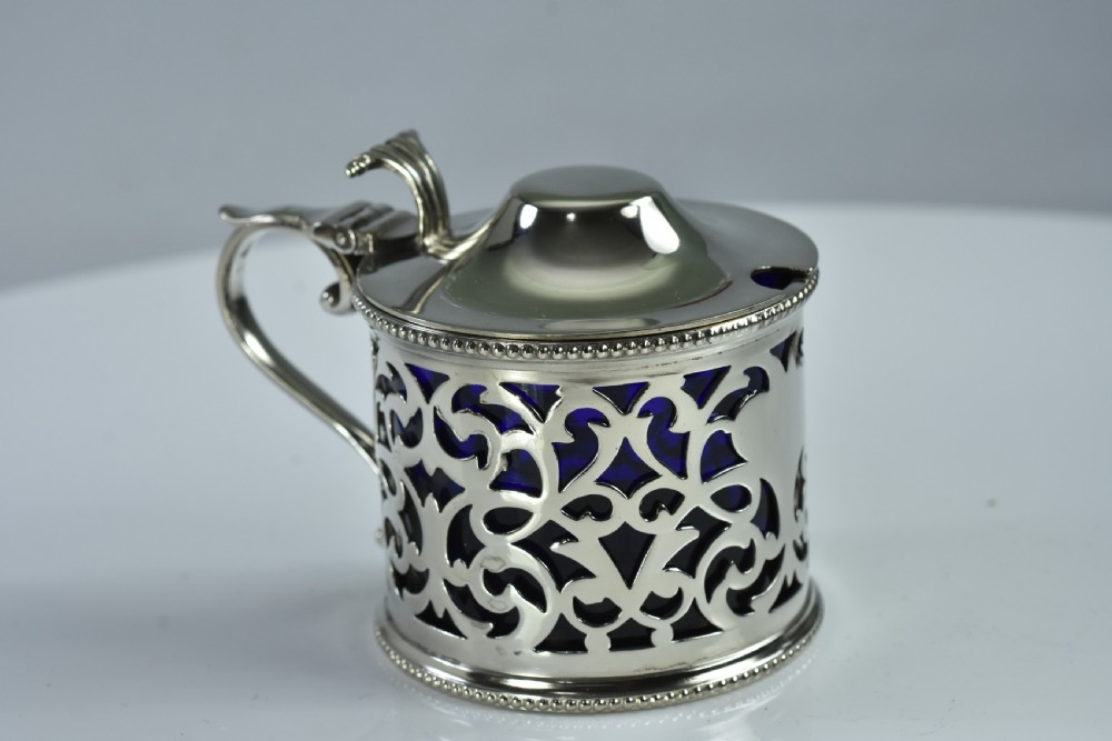 Large 19thc Silver Plated Mustard & Blue Glass Liner - Immaculate View V