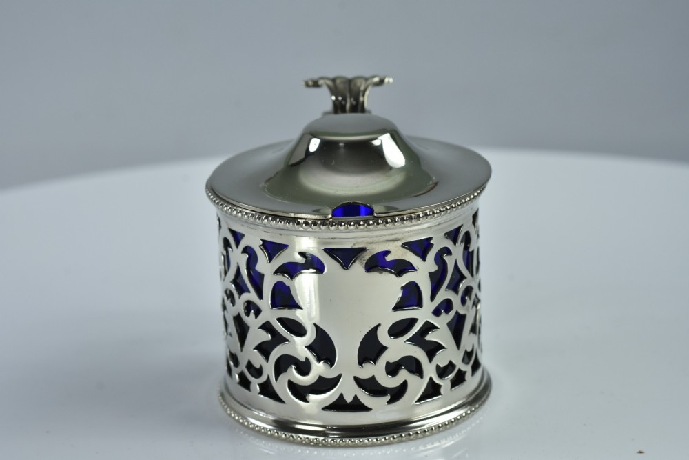 Large 19thc Silver Plated Mustard & Blue Glass Liner - Immaculate View VI