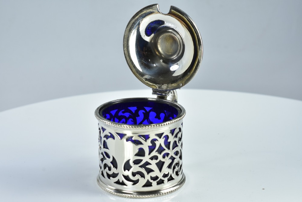 Large 19thc Silver Plated Mustard & Blue Glass Liner - Immaculate View VII