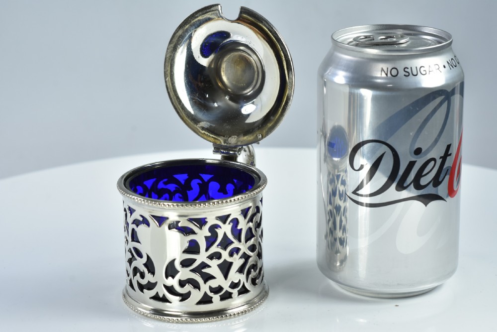 Large 19thc Silver Plated Mustard & Blue Glass Liner - Immaculate View VIII