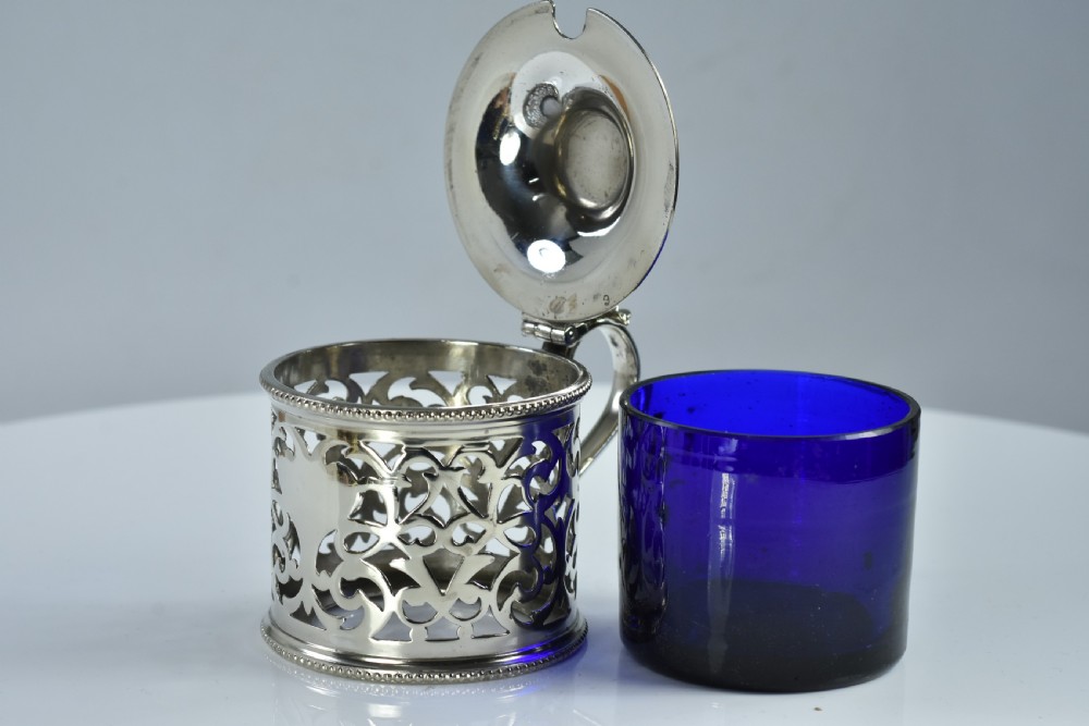 Large 19thc Silver Plated Mustard & Blue Glass Liner - Immaculate View X