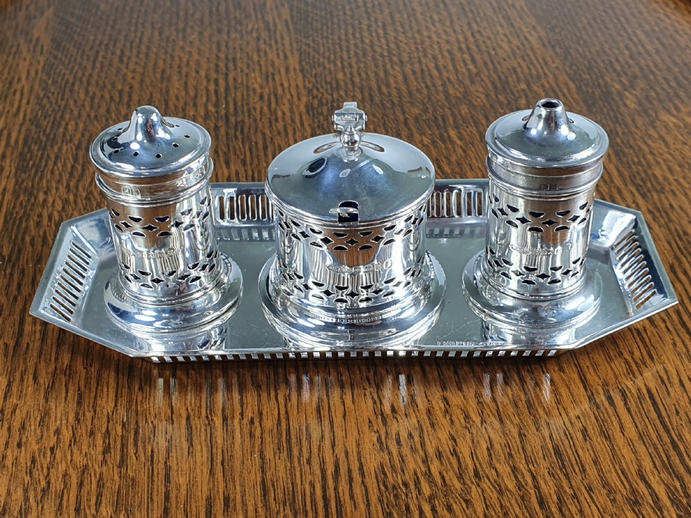 Beautiful Quality Antique Solid Silver Cruet Set & Tray 1934