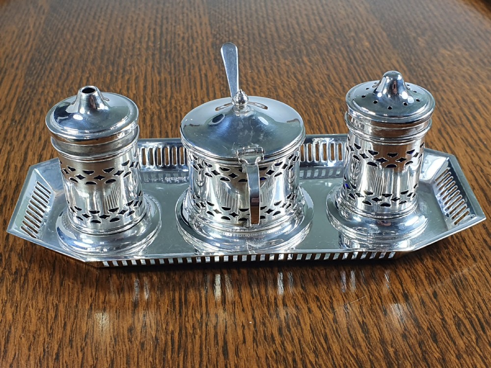 Beautiful Quality Antique Solid Silver Cruet Set & Tray 1934 View III