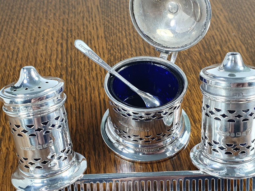 Beautiful Quality Antique Solid Silver Cruet Set & Tray 1934 View VIII