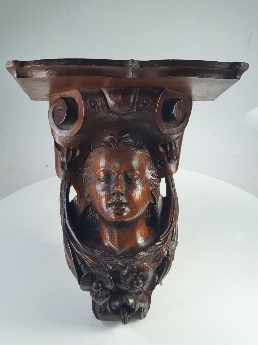 Superb Quality Large 19thc Carved Female Head Oak Shelf Bracket