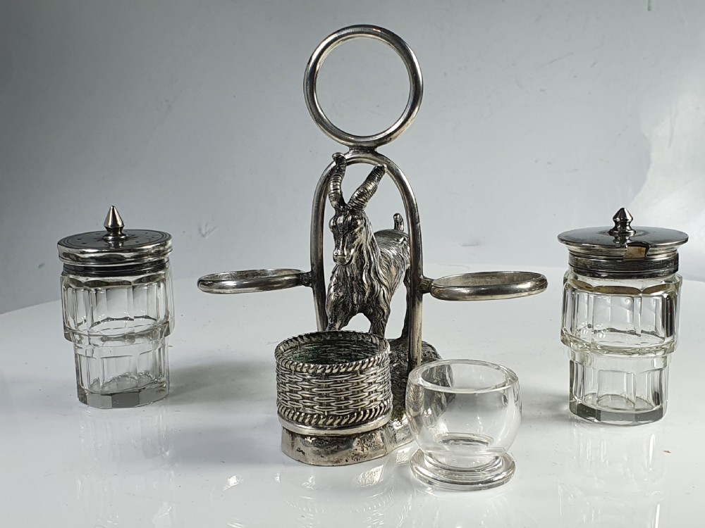 Exquisite 19thc Rare Sp Cruet Stand with Goat Carrying condiments  View VII