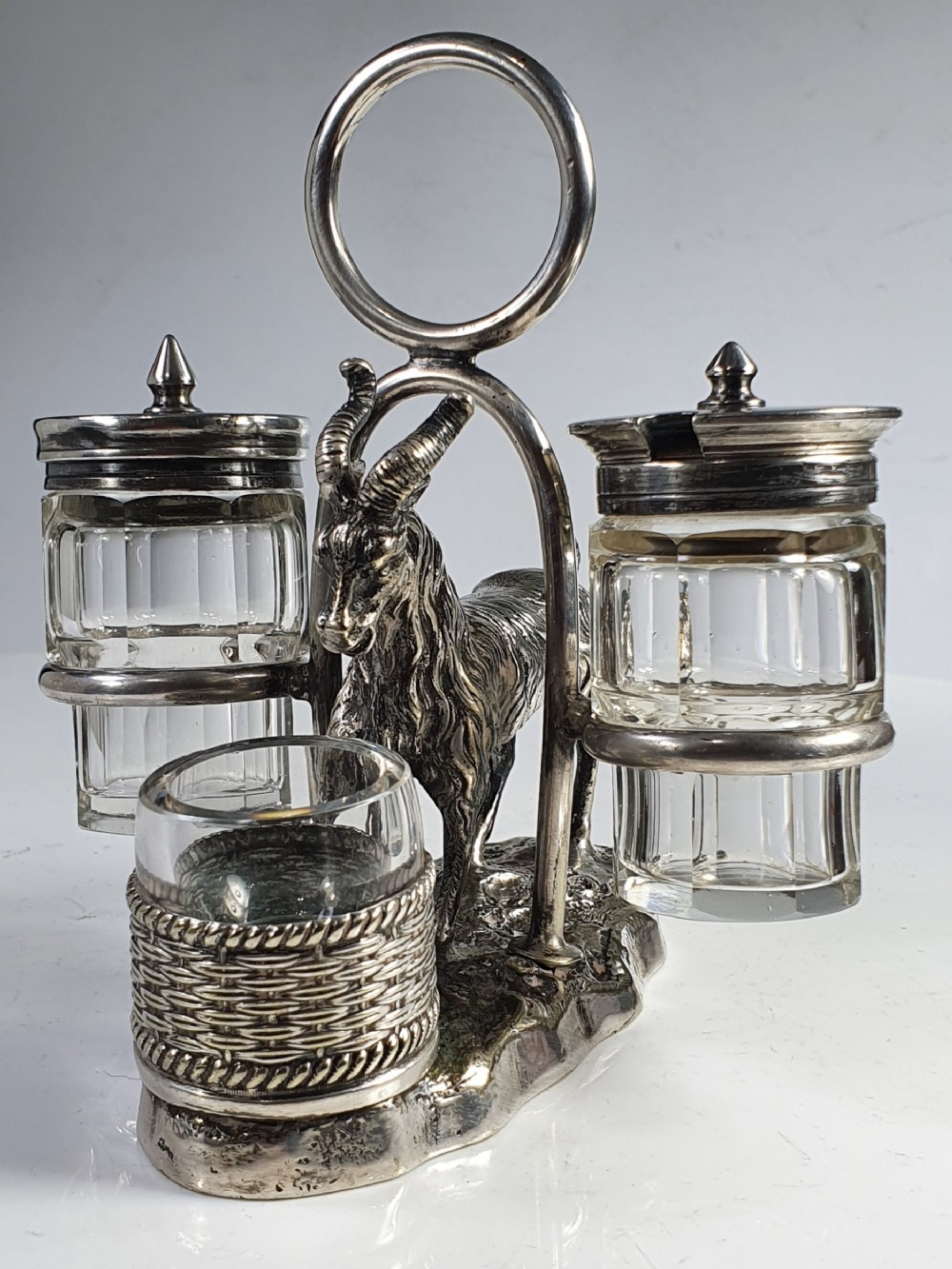 Exquisite 19thc Rare Sp Cruet Stand with Goat Carrying condiments 