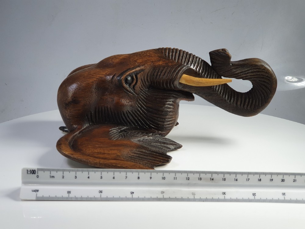 Fabulous Large Wall Mounted Vintage Carved Wooden Elephants Head c1920 View III