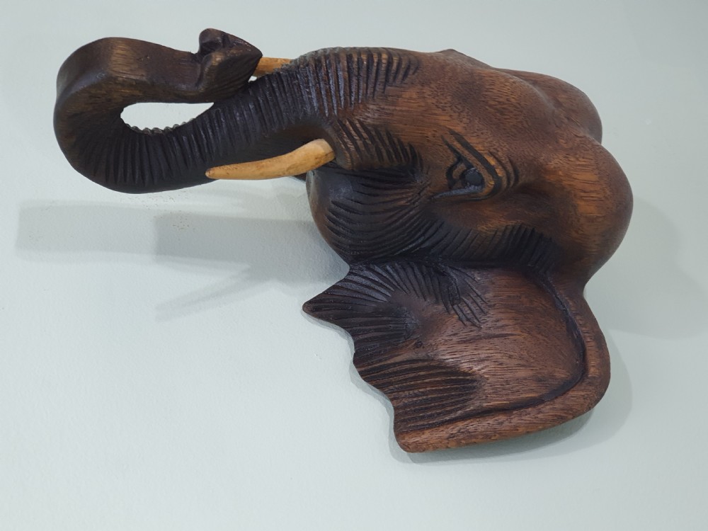 Fabulous Large Wall Mounted Vintage Carved Wooden Elephants Head c1920 View VI