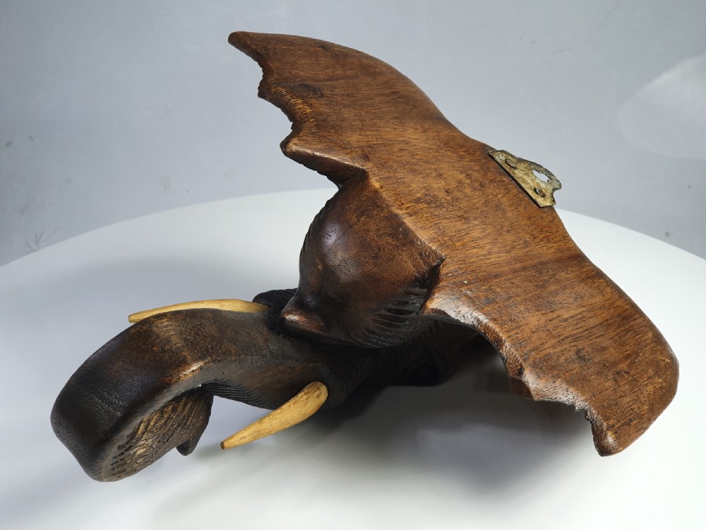 Fabulous Large Wall Mounted Vintage Carved Wooden Elephants Head c1920 View IX