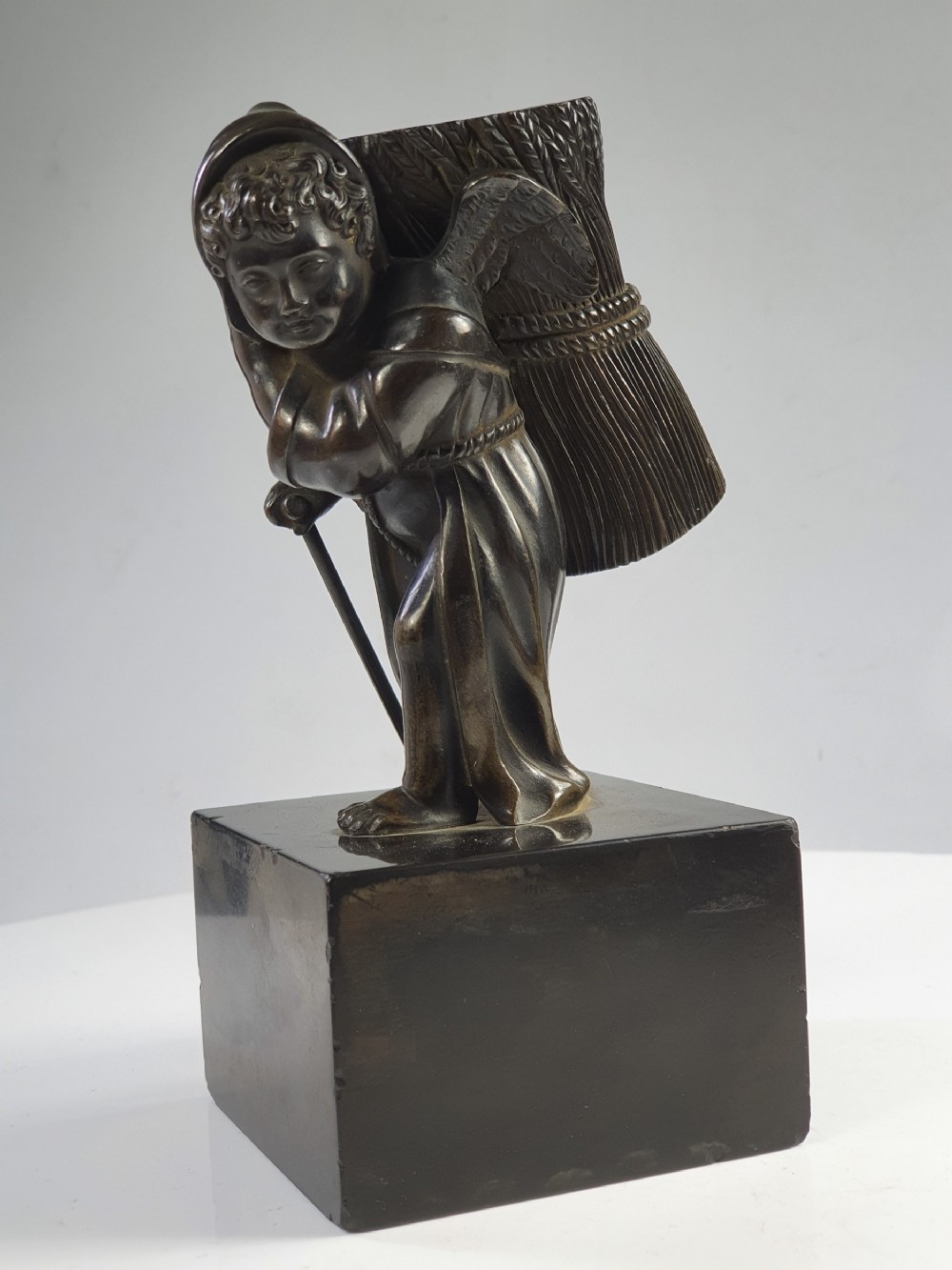 Superbly Modelled 19thc Allegory of Autumn bronze figurine, supported on a black marble base