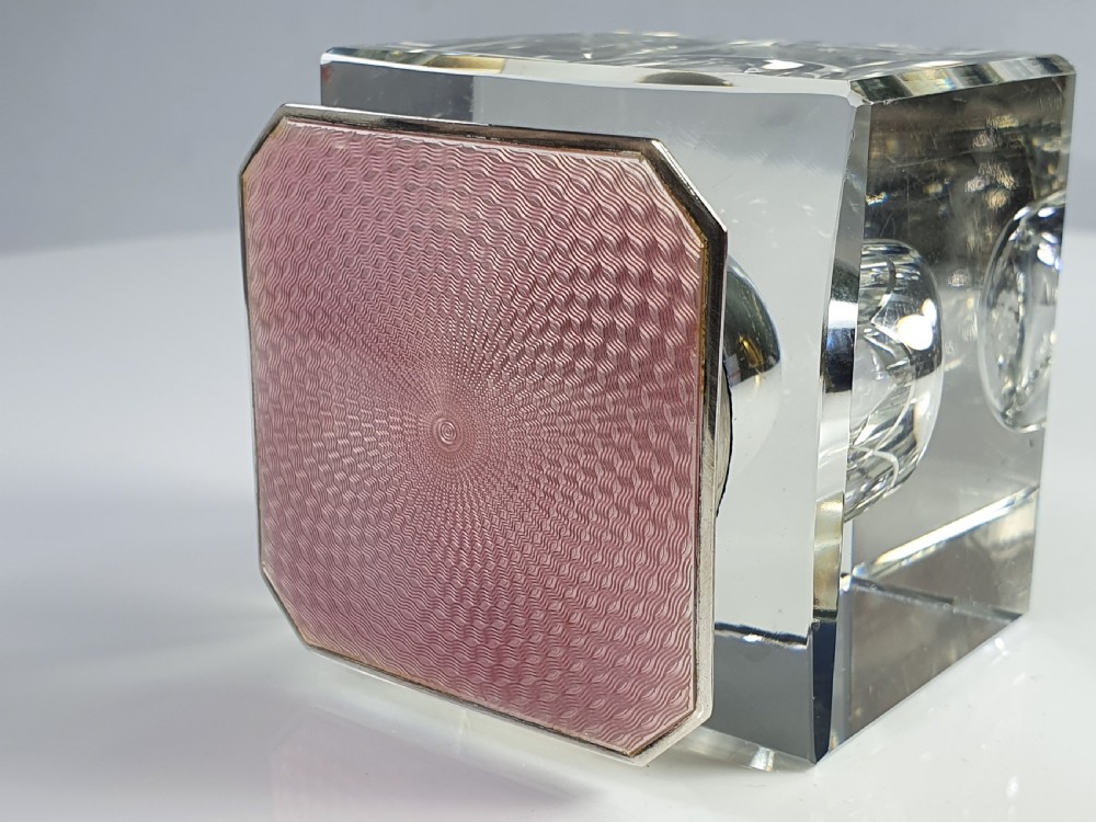 Exquisite Art Deco Guilloche Pink Enamel & Silver Top Cut Glass Inkwell Birm 1929 View IX