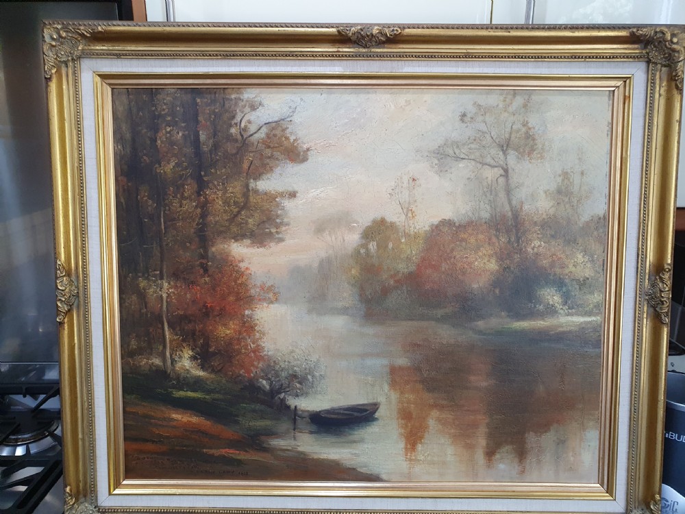 Delightful Large P.Franc Lamy Signed Oil on Canvas Riverscape c1902