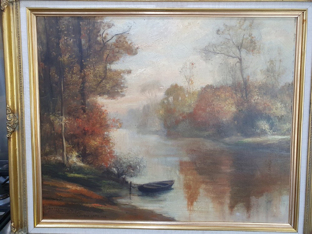 Delightful Large P.Franc Lamy Signed Oil on Canvas Riverscape c1902 View III