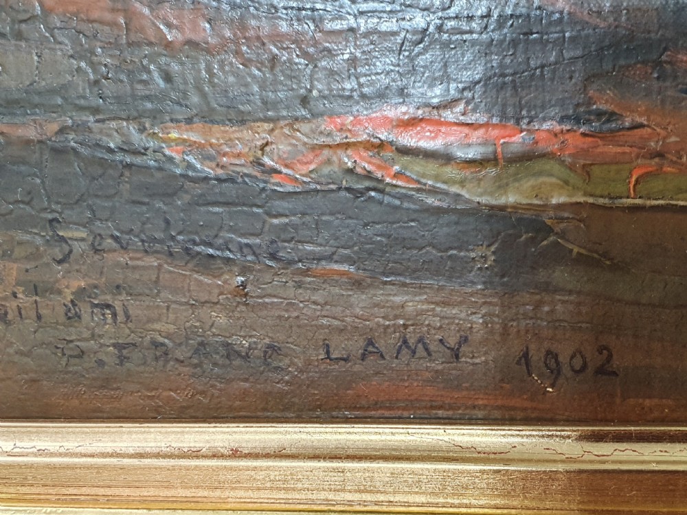 Delightful Large P.Franc Lamy Signed Oil on Canvas Riverscape c1902 View V