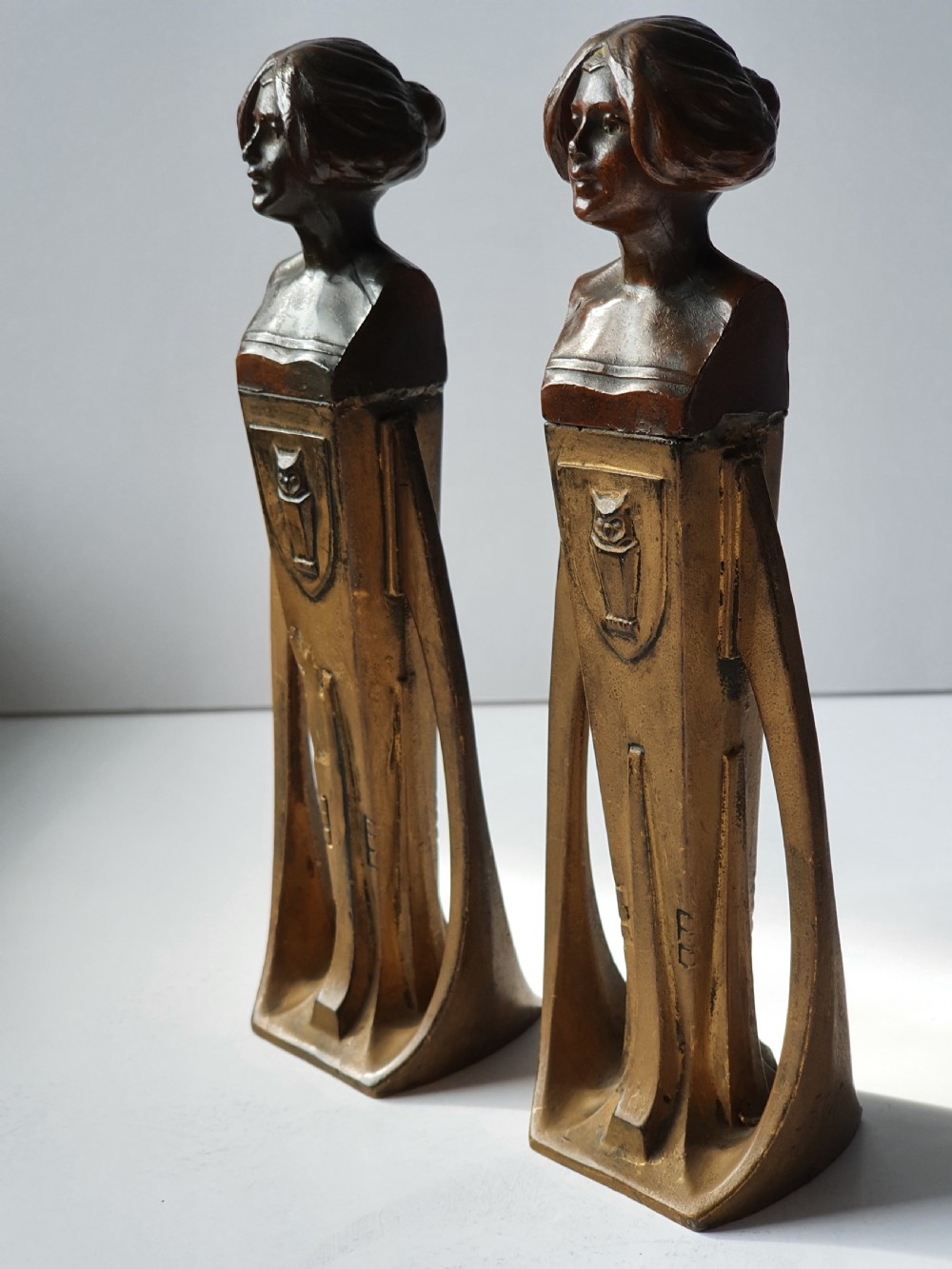 Pr Secessionist Bronze Female Busts on Stylish Metal Bases c1900 View II