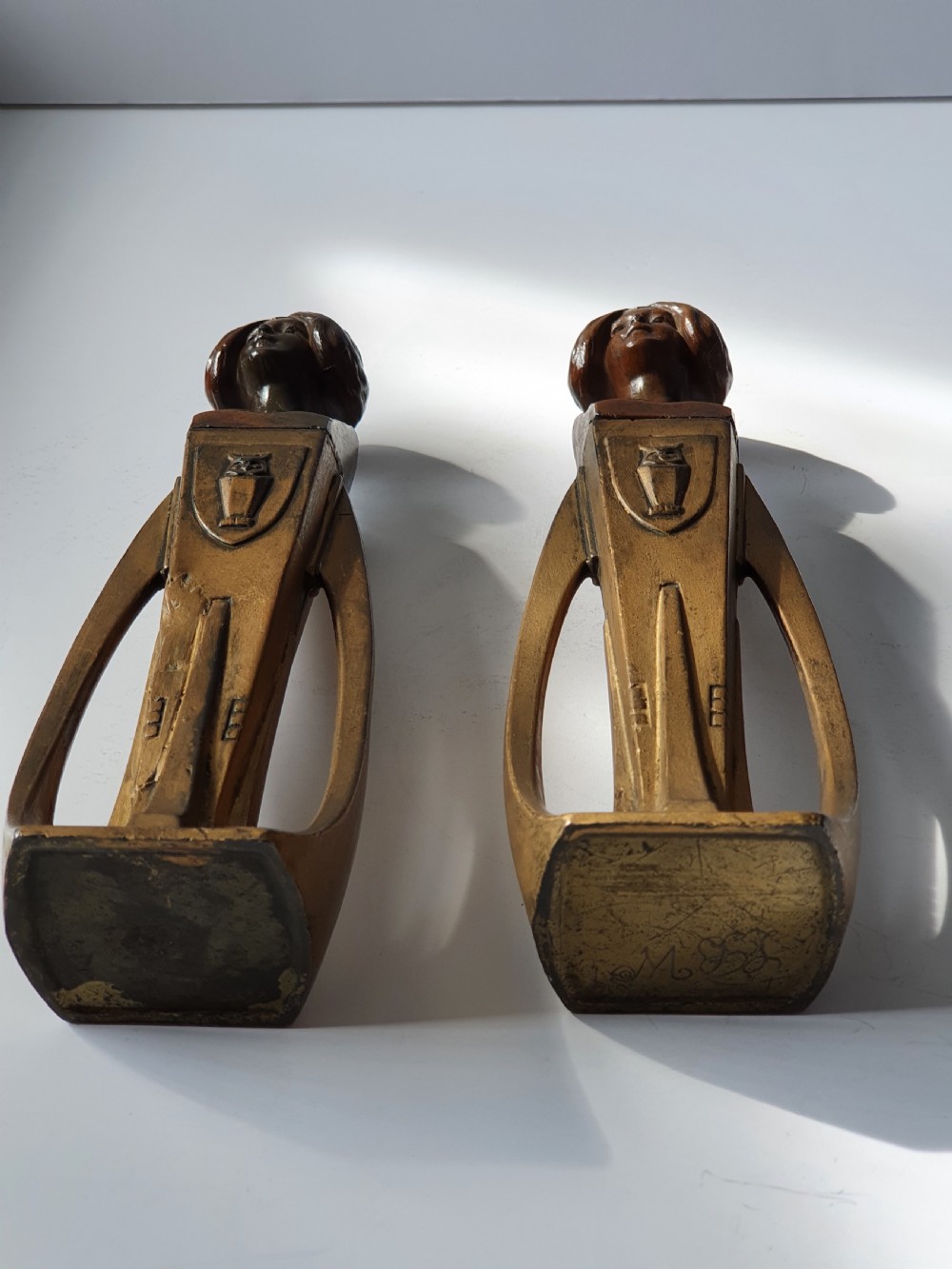 Pr Secessionist Bronze Female Busts on Stylish Metal Bases c1900 View V
