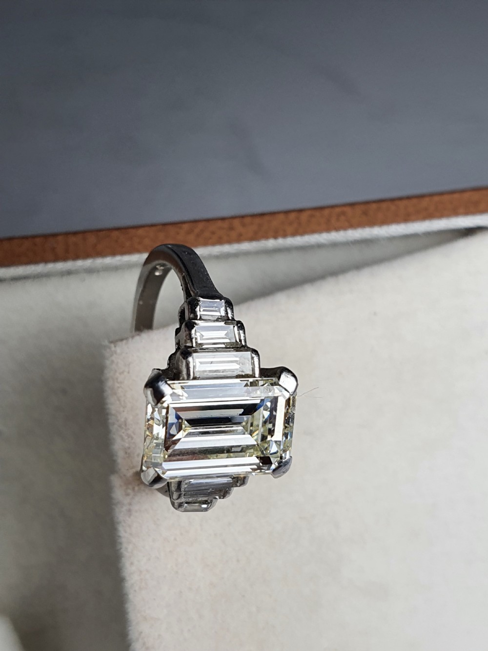Vintage Deco Design 2.81 Carat Emerald Cut Diamond & Platinum Ring View III