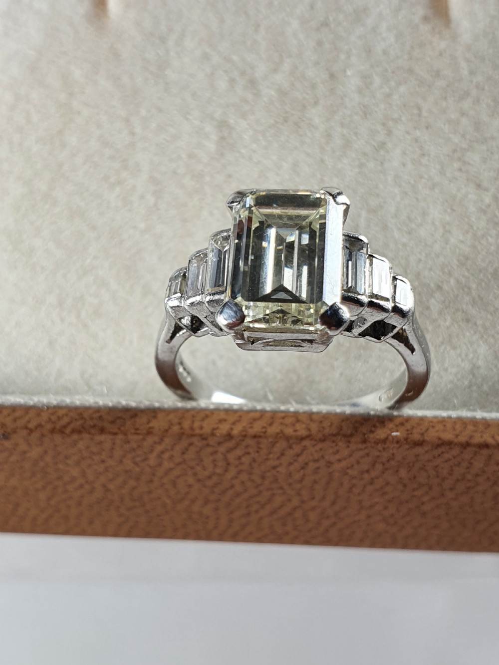 Vintage Deco Design 2.81 Carat Emerald Cut Diamond & Platinum Ring View V
