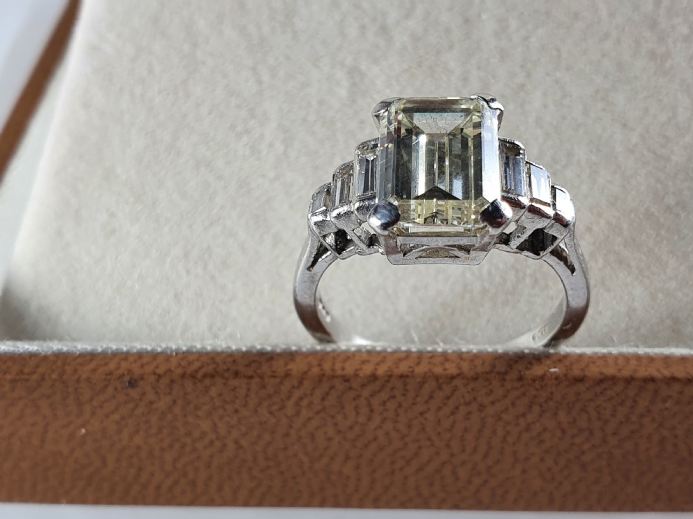 Vintage Deco Design 2.81 Carat Emerald Cut Diamond & Platinum Ring View VI