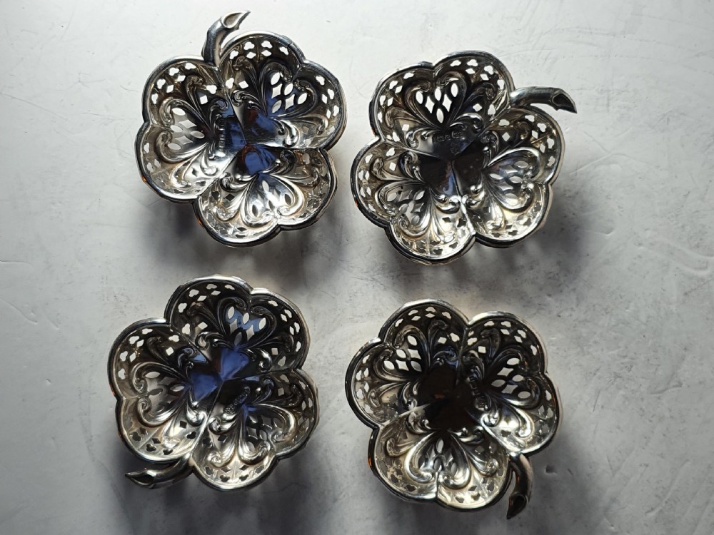 Exquisite Antique of Set 4 x HM Sterling Silver Shamrock Dishes View XII