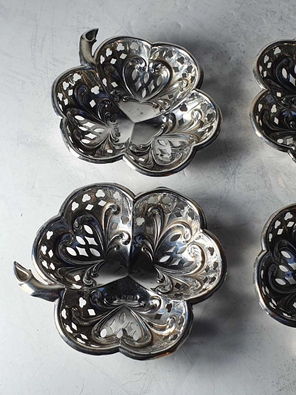 Exquisite Antique of Set 4 x HM Sterling Silver Shamrock Dishes View II