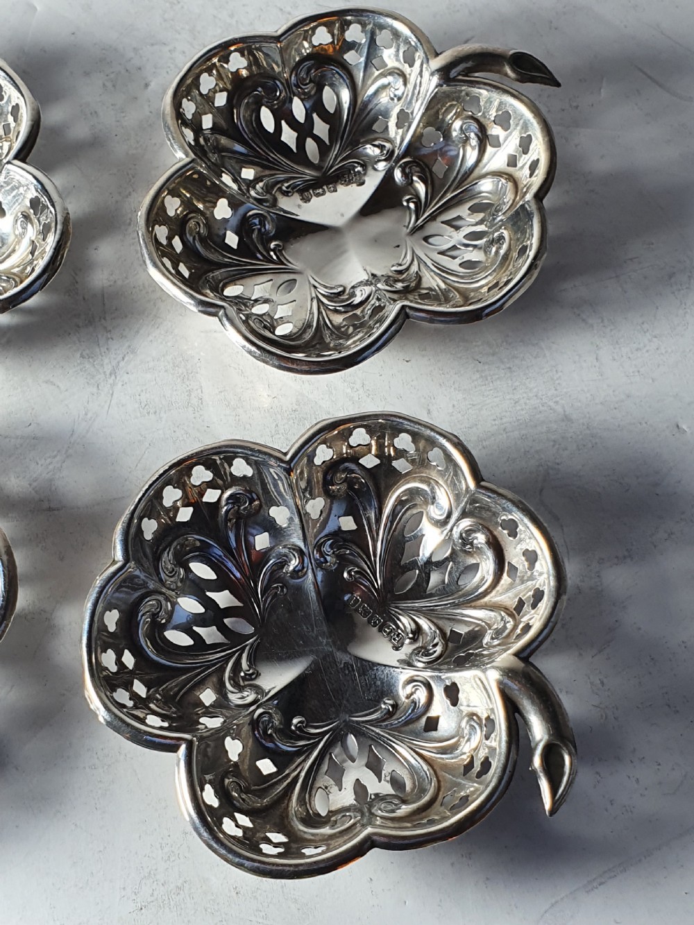 Exquisite Antique of Set 4 x HM Sterling Silver Shamrock Dishes View III